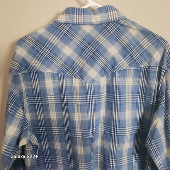 M77 Wrangler Western Shirts Blue & White Plaid Pearly White Snaps Size Lrg Tall - Picture 5 of 8